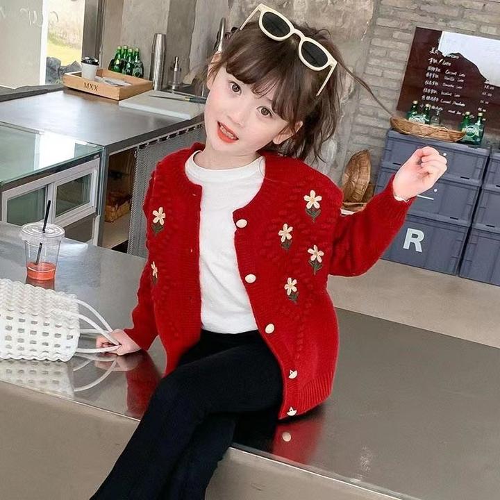 韩版女童针织毛衣女童毛衣开衫春秋韩版洋气中大童韩版儿童百搭刺