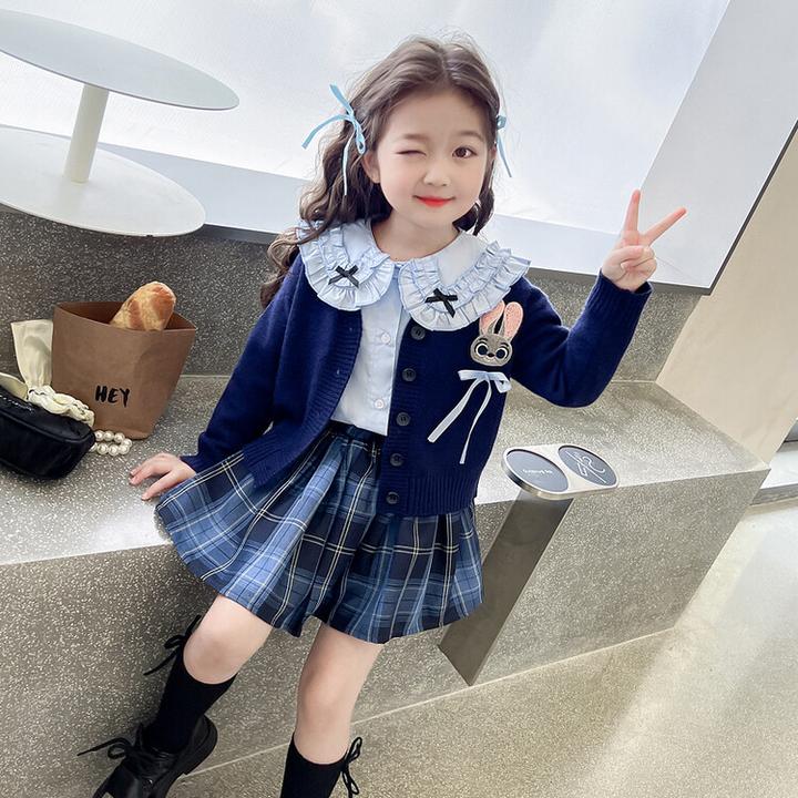 女童秋季套装2024新款洋气卡通裙子针织毛衣三件套女宝气质春秋装