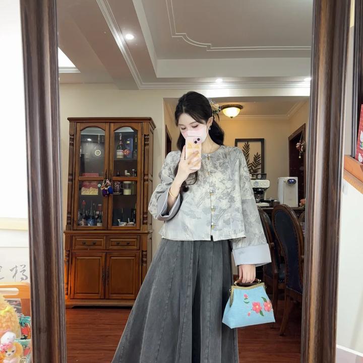 新中式穿搭一整套女2024秋冬新款气质国风外套高腰遮肉阔腿裤女潮