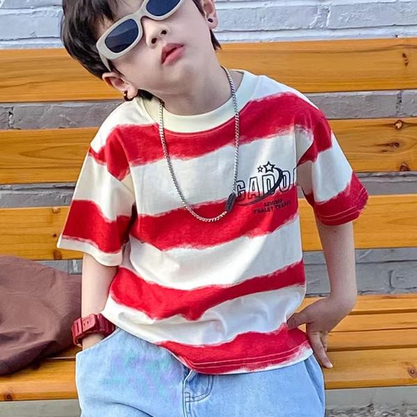 2025年夏装中小男女儿童装韩版红色波浪条纹短袖休闲字母印花tT恤