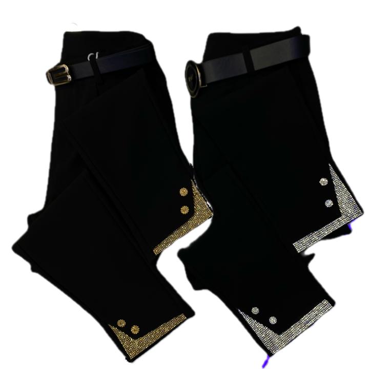 2002款春季新款重工裤脚边烫钻修身显瘦小脚裤