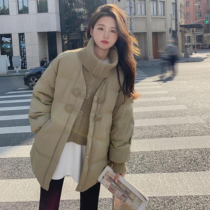 卡其色90白鸭绒羽绒服女冬季2024新款小个子高级感小众针织拼接潮