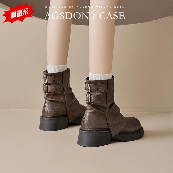 奥古狮登马丁靴女2024新款春秋厚底英伦风骑士靴棕色裤管堆堆短靴