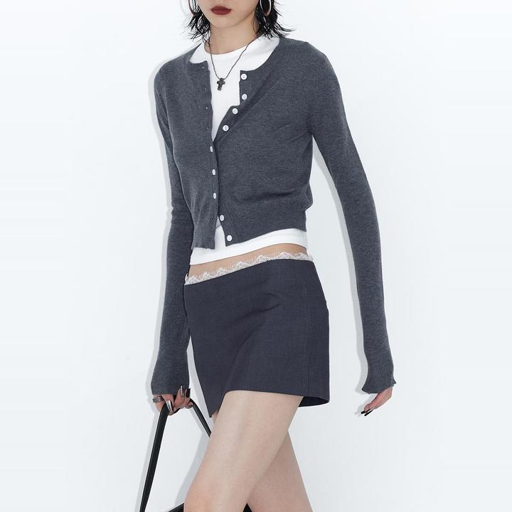 ourhour 软糯简约 深灰波点小圆领短款针织开衫 女秋设计感打底衫