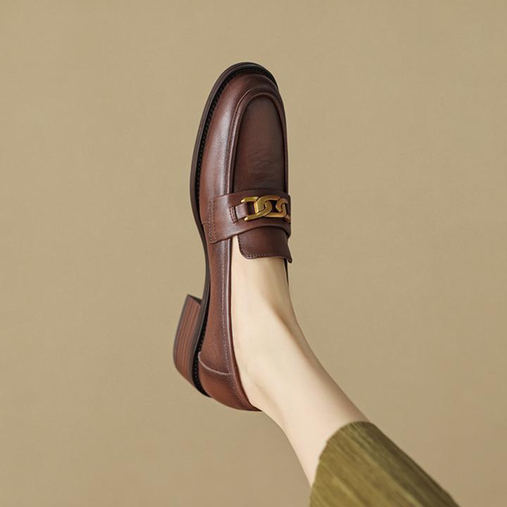 真牛皮乐福鞋女复古擦色中跟单鞋百搭英伦风软底上班族四季小皮鞋