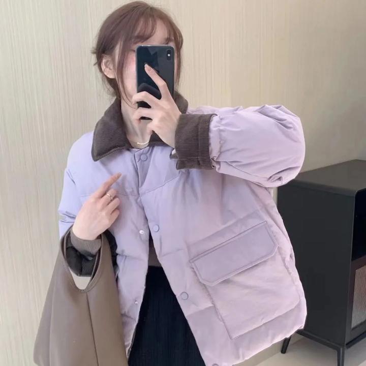 灯芯绒Polo领拼接小香风棉衣棉服女2023冬季新款气质名媛爆款外套