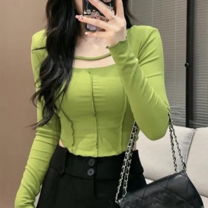 高级新款纯欲辣妹风春秋款长袖T恤女修身显瘦设计感别致上衣潮