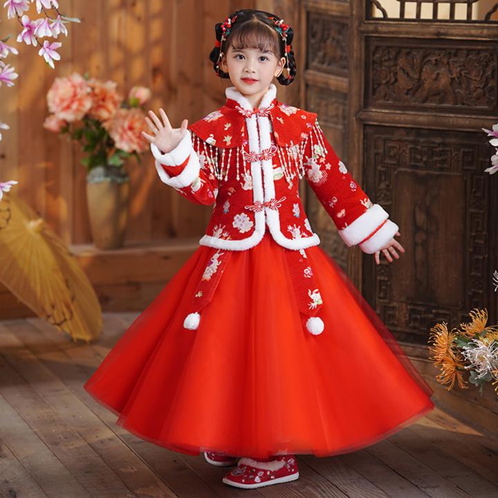 汉服女童加厚过年中国风唐装红色宝宝拜年服新年冬装儿童古装冬季