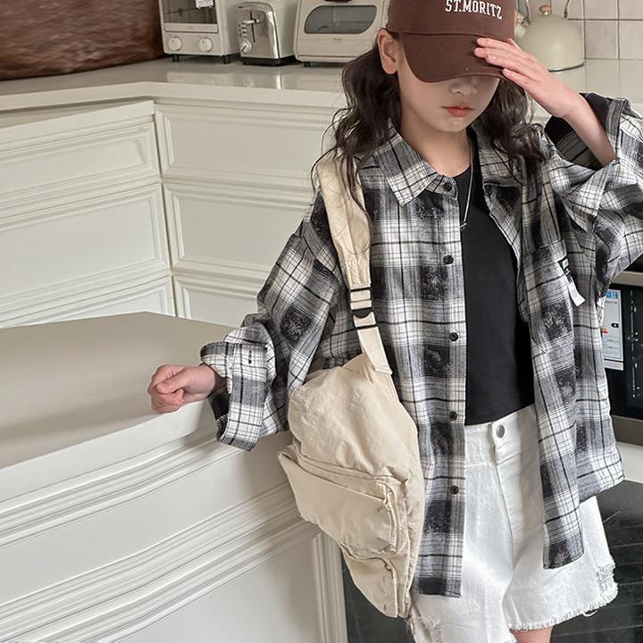 K25954韩国女童黑白格子衬衫2025春装新款儿童外套洋气春秋上衣薄
