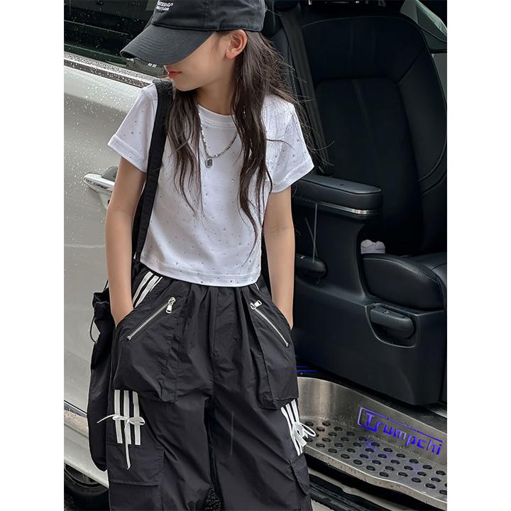 K26114亮钻女童夏季短袖T恤儿童短款上衣2025新款洋气修身打底衫t