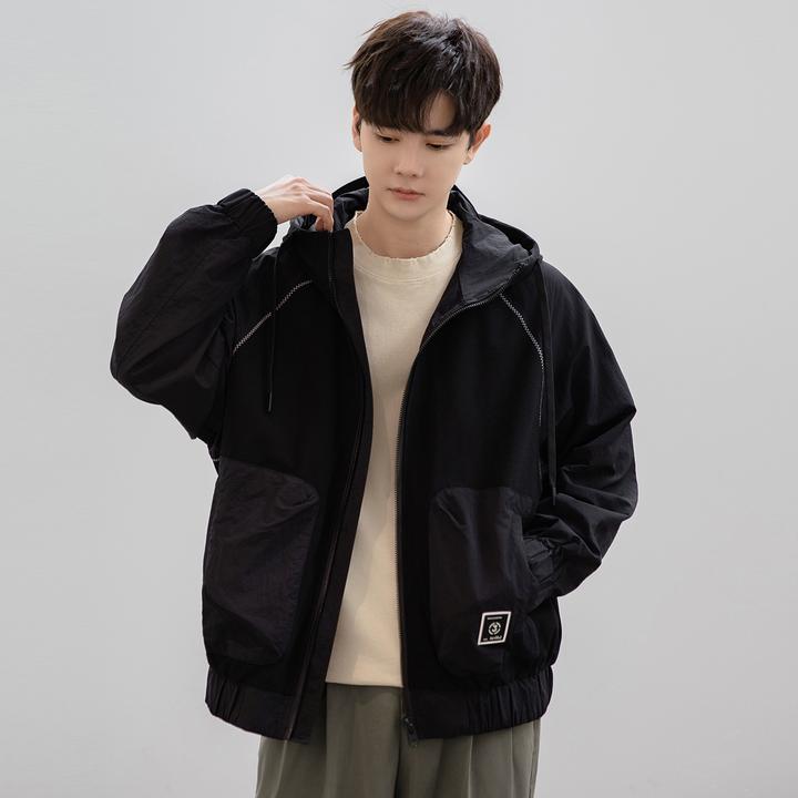 外套男撞色拼接百搭潮流宽松个性工装上衣春秋季新款帅气连帽夹克