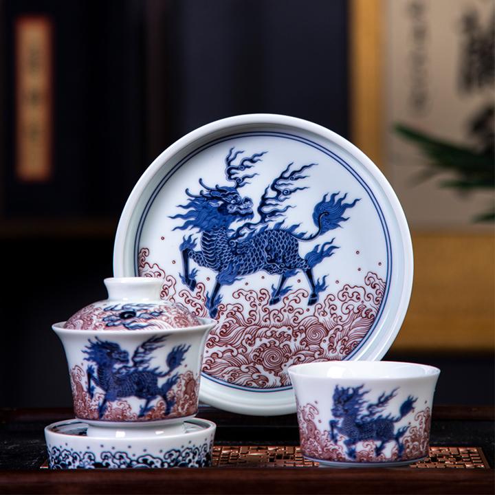 景德镇炎匠堂青花釉里红麒麟踏浪套组   青花瓷 主人杯 家用套装