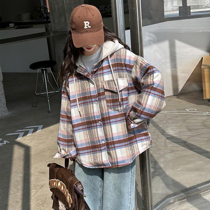 连帽夹棉格子加绒儿童款2024新款女大童秋冬韩版宽松衬衫毛呢上衣