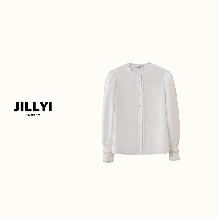 JILLYI【微醺少女】法式天花板圆领春季女士白色蕾丝衬衫