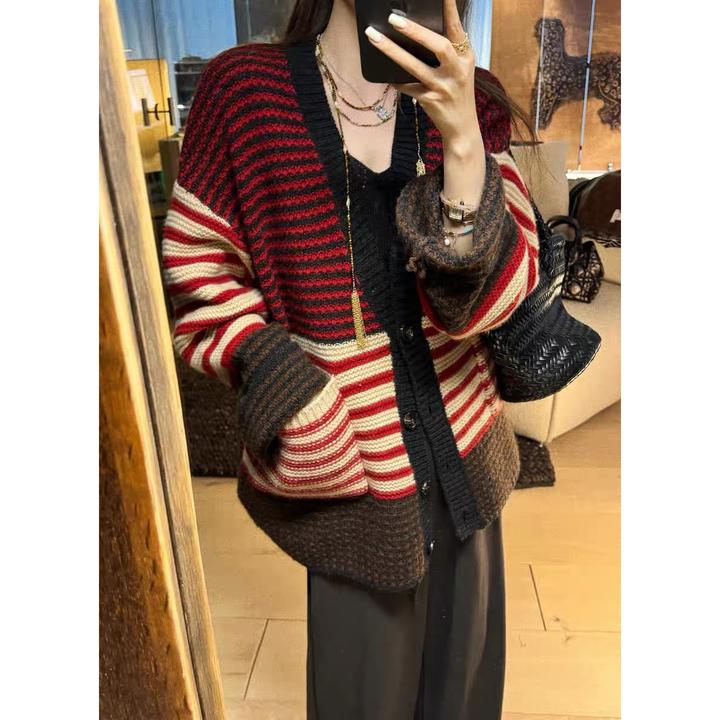 复古慵懒风安可拉红条纹针织毛衣外套女秋冬宽松软糯加厚外搭开衫