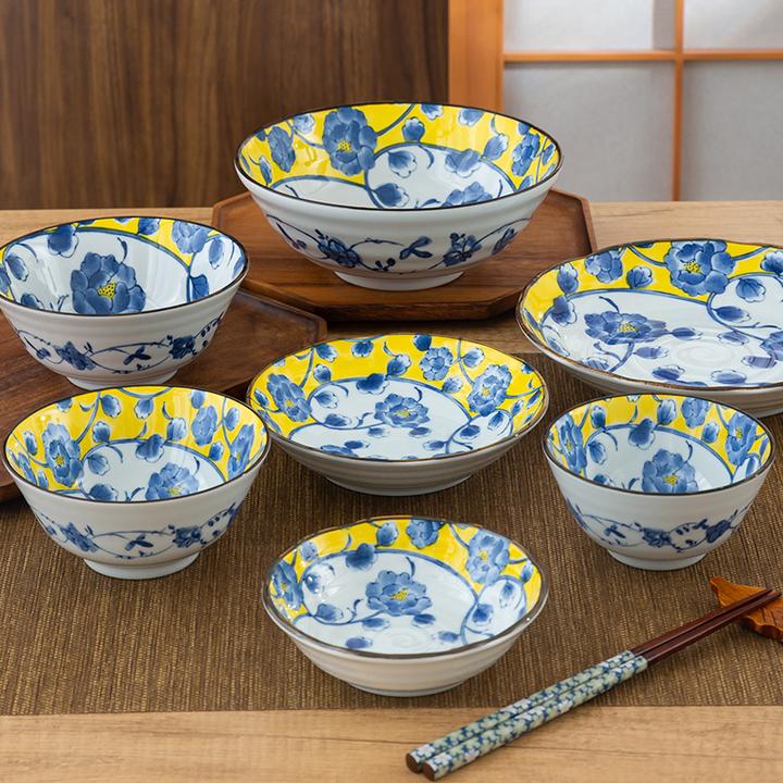 日本进口 有古窑 黄彩牡丹餐具 家用陶瓷 饭碗菜盘 釉下彩餐具