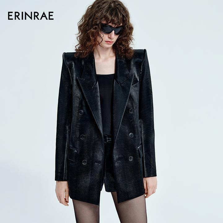 ERINRAE秋冬季黑色显瘦皮纹理感外套EG441061VI20