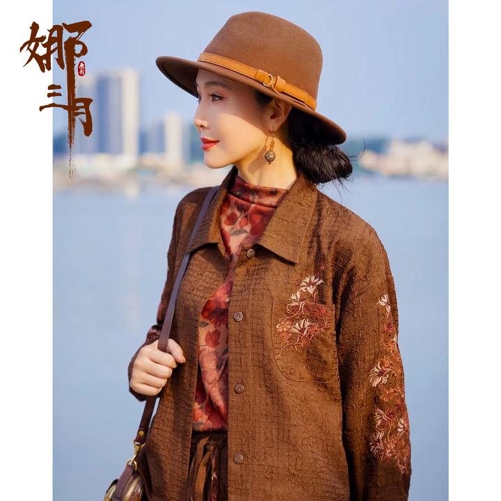 娜三月【木桑花】复古秋冬刺绣衬衫气质衬衣外套32525洋气XP上衣