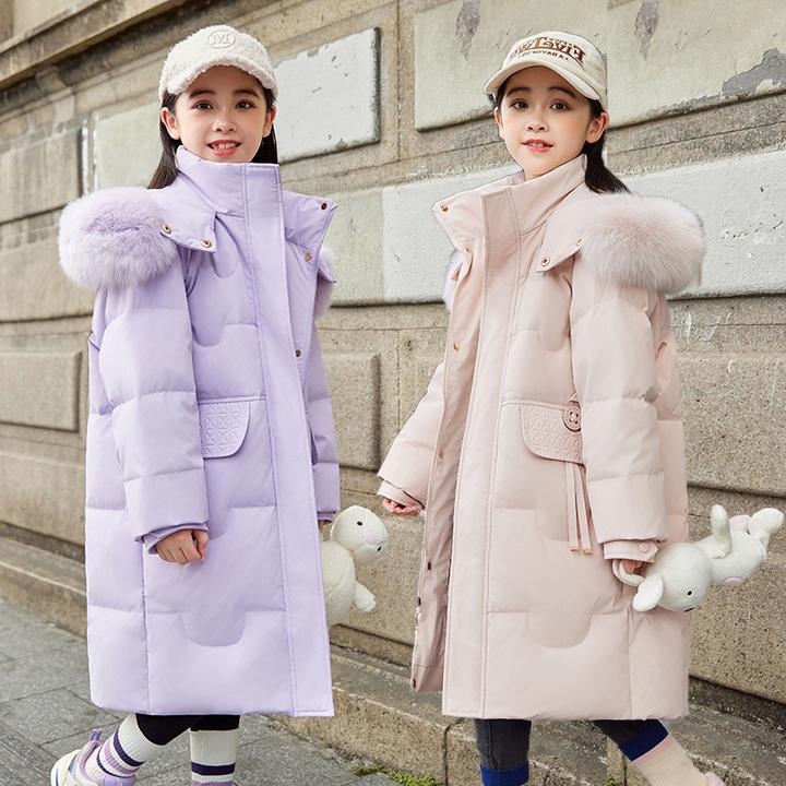儿童羽绒服女童中大童2024新款冬季中长款加厚连帽大毛领宽松外套