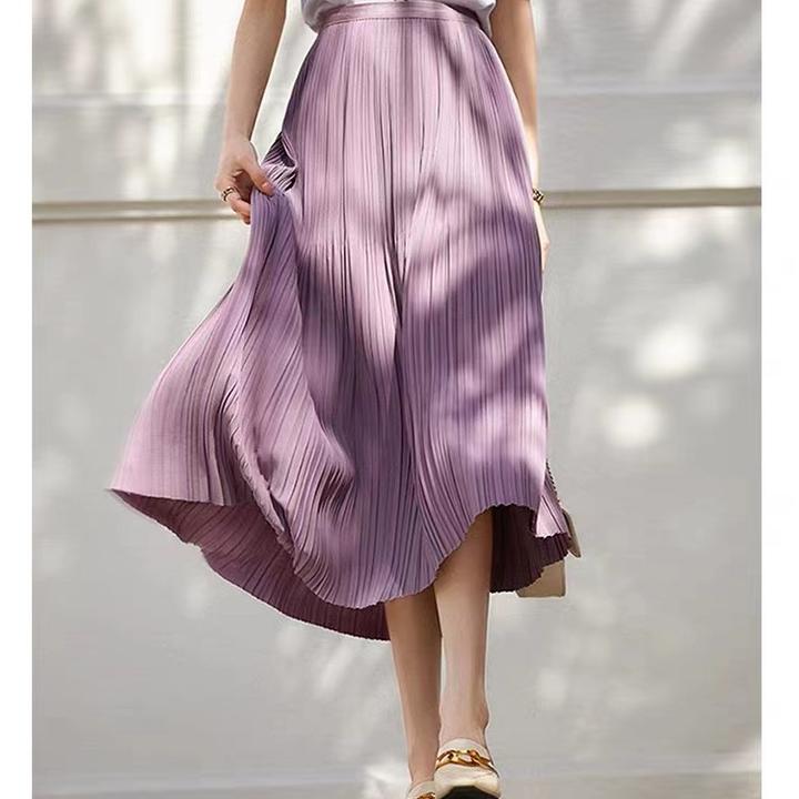 恒琪显瘦气质高腰时尚夏季百褶休闲A字中褶皱纯色晚装百搭半身裙