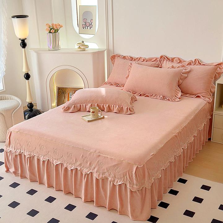 秋冬季公主风牛奶绒床裙单件亲肤床单带裙边珊瑚绒床罩款遮丑下摆