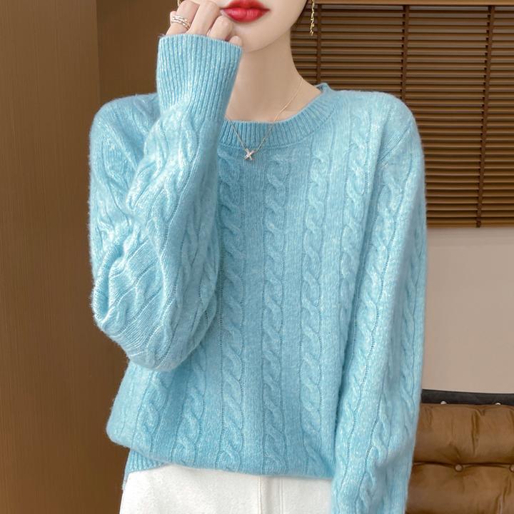 时尚韩版羊绒衫女麻花毛衣圆领长袖针织慵懒风套头宽松羊毛打底衫