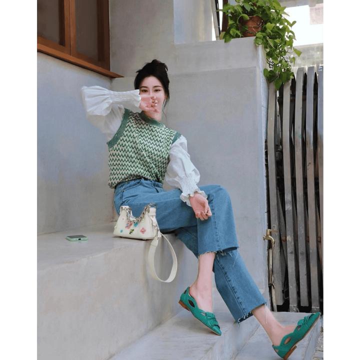 小香风套装韩系休闲时尚盐系穿搭女装绿色马甲衬衫牛仔裤三件套潮