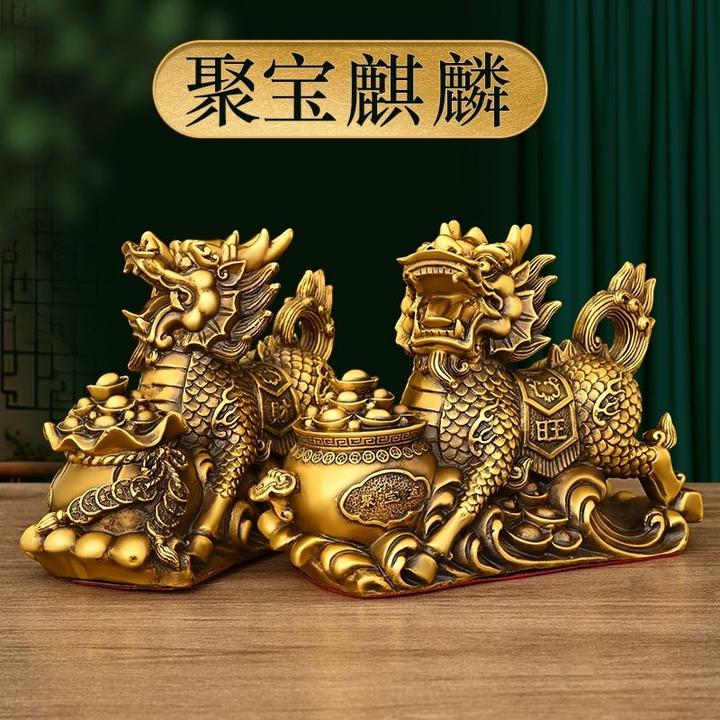 纯铜麒麟聚宝盆麒麟摆件一对黄铜麒麟装饰