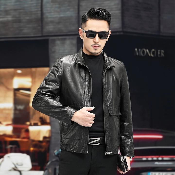 FISH STINGY胎牛皮皮衣男头层牛立翻领休闲皮夹克外套2333