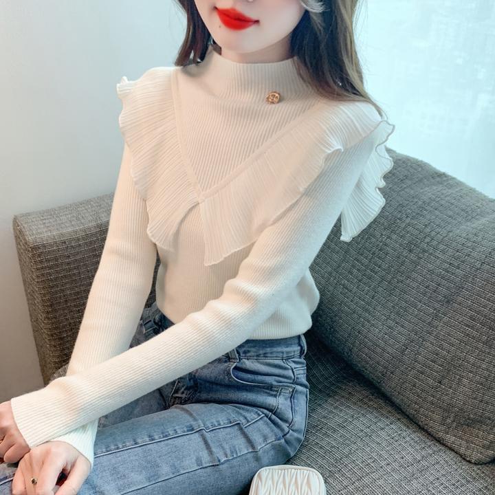 荷叶边超仙气质毛针织衫女秋冬半高领修身毛衣设计感时尚打底衫潮