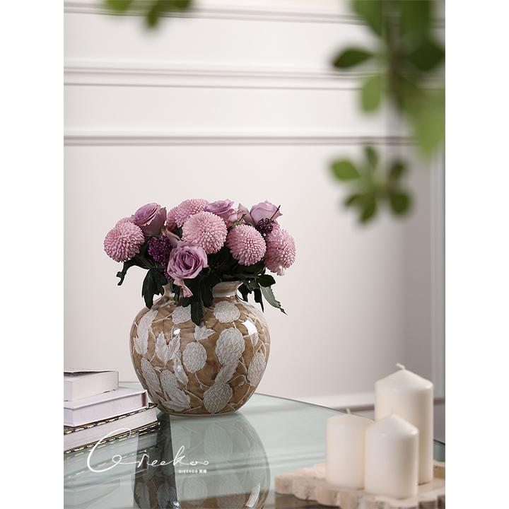 契阔家居 Leitz金叶满堂摩卡棕大口径陶瓷花瓶新中式客厅玄关摆件