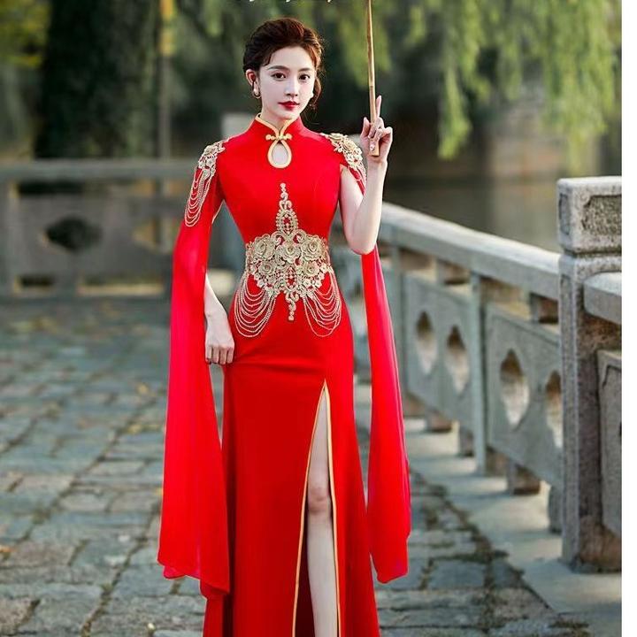 走秀旗袍红色大码长款春夏表演服中式优雅显瘦修身气质性感中国风