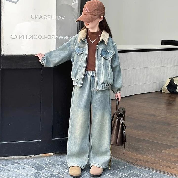 女童牛仔套装2024新款儿童加厚保暖冬装大童女孩秋冬款加绒两件套