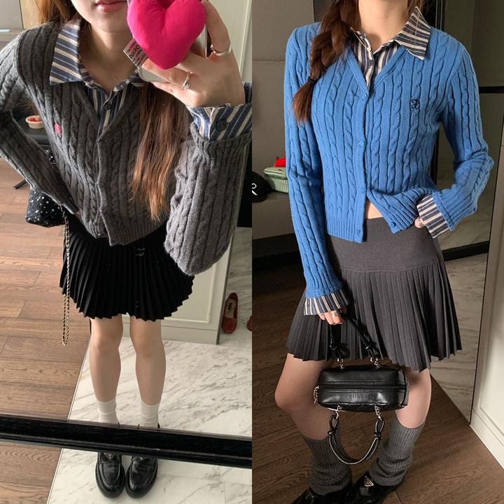 春秋新款美式复古假两件衬衫领针织衫女麻花纹长袖开衫毛衣外套女
