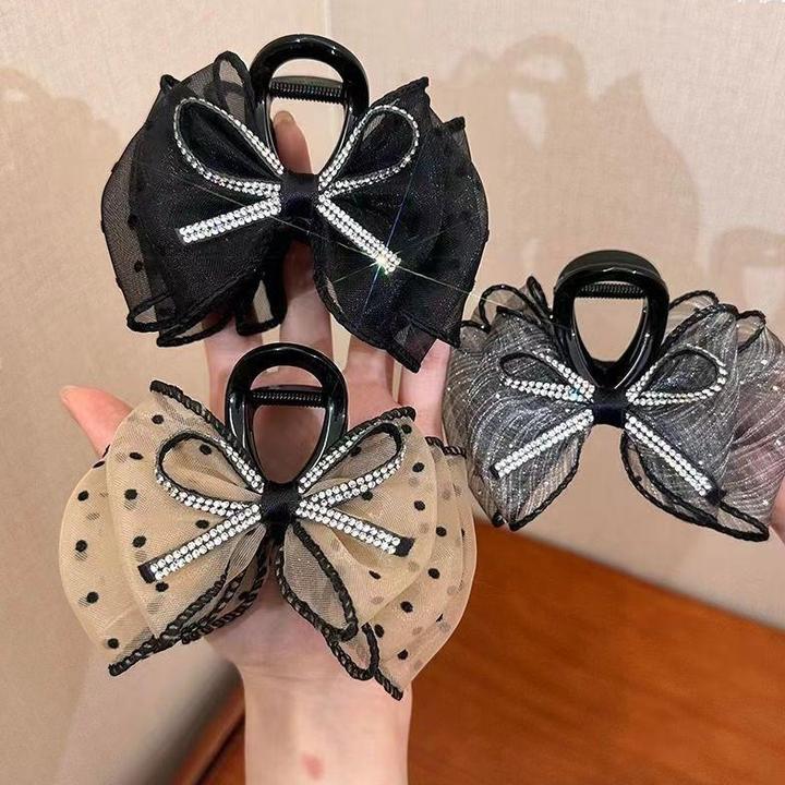 2024新款抓夹闪亮蝴蝶结波点网纱泡泡鲨鱼夹高级感后脑勺夹子头饰