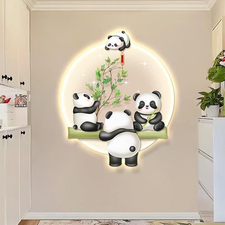 奶油风玄关装饰画入户led灯画高档进门客厅背景墙挂画熊猫壁灯画