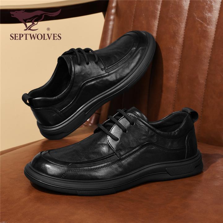 七匹狼头层牛皮商务英伦秋季新款男士休闲全黑通勤鞋子软面男0014