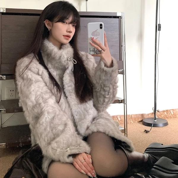 月影少女立领染尖仿羊羔绒皮毛一体女短款环保草草保暖加厚毛毛衣
