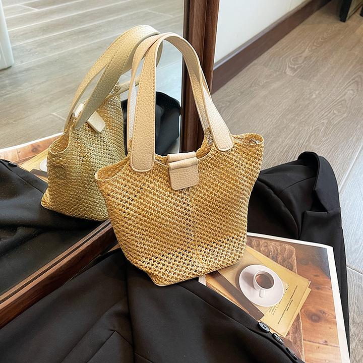 草编子母包韩版ins风包包女包2025新款夏季度假手提菜篮子水桶包