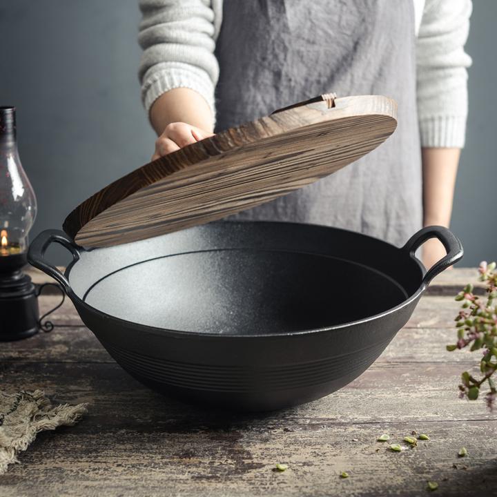 小幸福老式复古加深32cm-36cm铸铁无涂层一体成型加厚双耳大炒锅