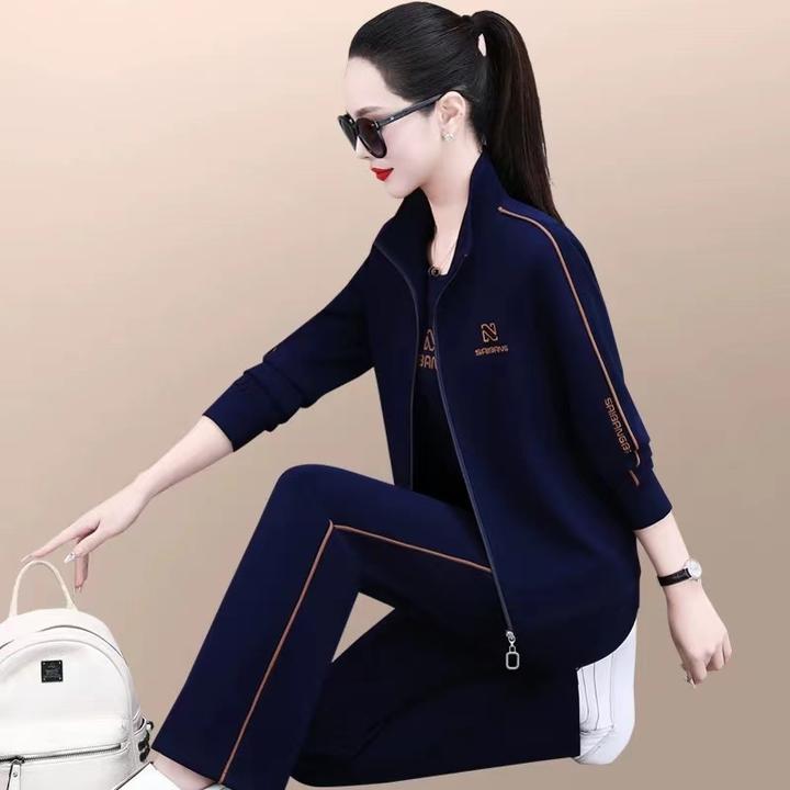 立领运动服套装女2025春秋季新款洋气大码显瘦女士休闲跑步三件套
