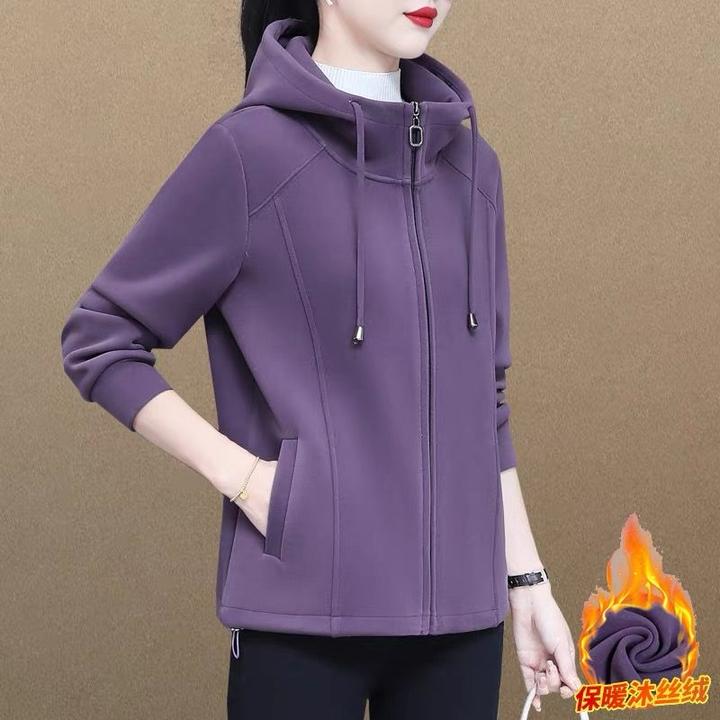 纯色连帽保暖沐丝绒外套女新款2025春秋洋气保暖女士开衫休闲卫衣