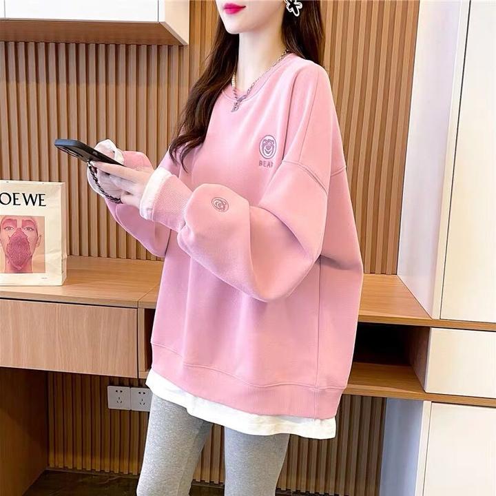 加绒加厚假两件刺绣卫衣女秋冬季新款宽松设计感洋气减龄上衣外套