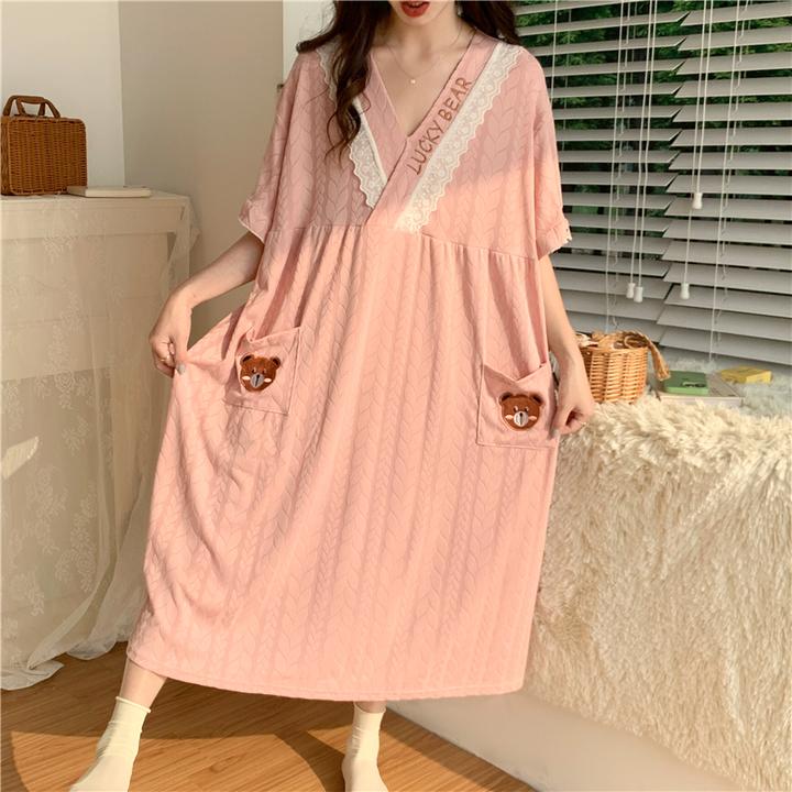 蕾丝公主风睡裙女夏天胖mm200斤新款短袖学生宿舍大码家居服