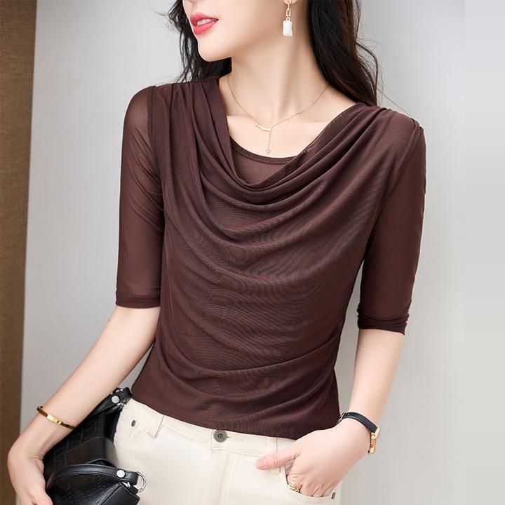 网纱上衣女夏2025新款时尚气质修身显瘦百搭五分袖堆堆领t恤小衫