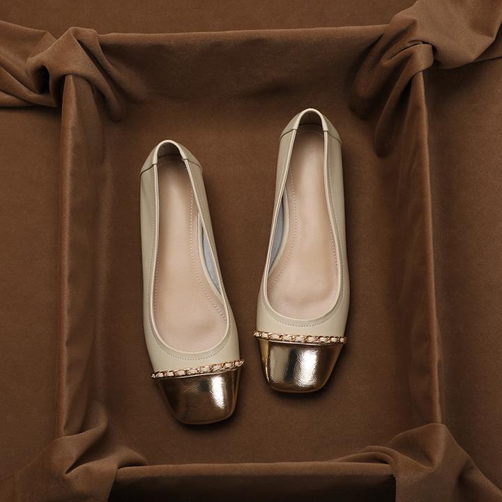 晚晚 法式复古方头真皮单鞋女时尚小香风拼色软皮淑女低跟小皮鞋