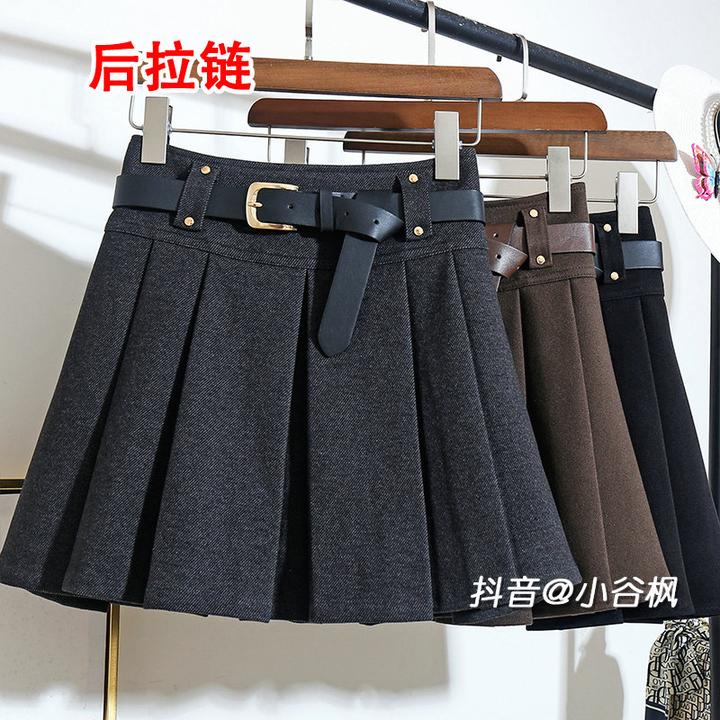 灰色加厚毛呢百褶短裙半身裙女秋冬2024新款高腰显瘦A字裙子半裙
