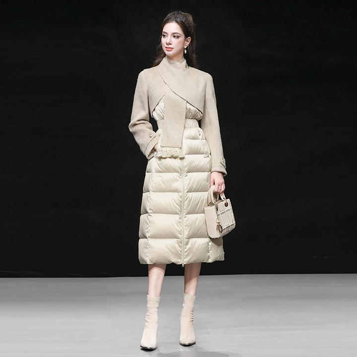 DF-冬季新款气质不规则拼接围脖收腰过膝羽绒服90白鸭绒Q-DC34563
