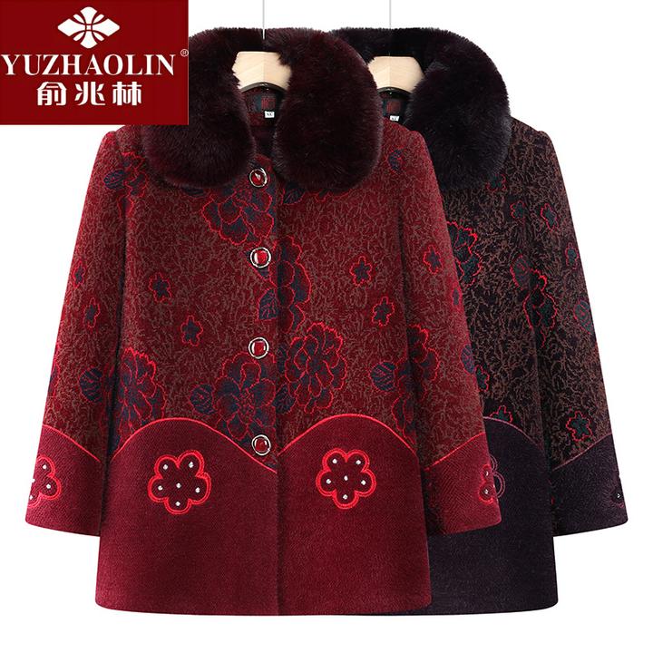 俞兆林中老年人秋装女奶奶装仿水仿貂绒大衣老人冬装加厚棉袄外套