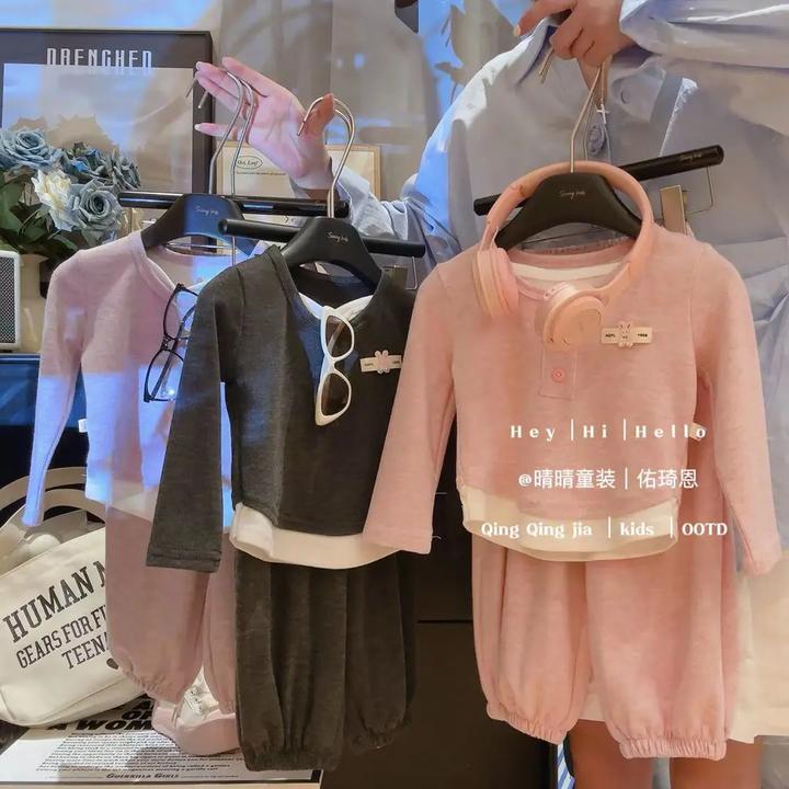 女童套装秋2024新款秋季时髦小女孩童装假两件儿童糯米绒上衣裤子